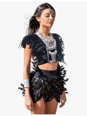 Black Feather Festival Set – Gothic Rave Outfit Top & Skirt Costume